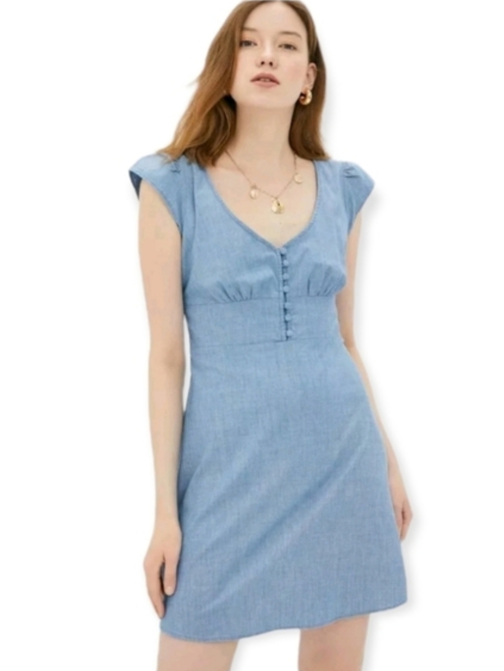 Banana Republic Chambray Dress Ruffle Sleeve V-Neck Button Front Size 6